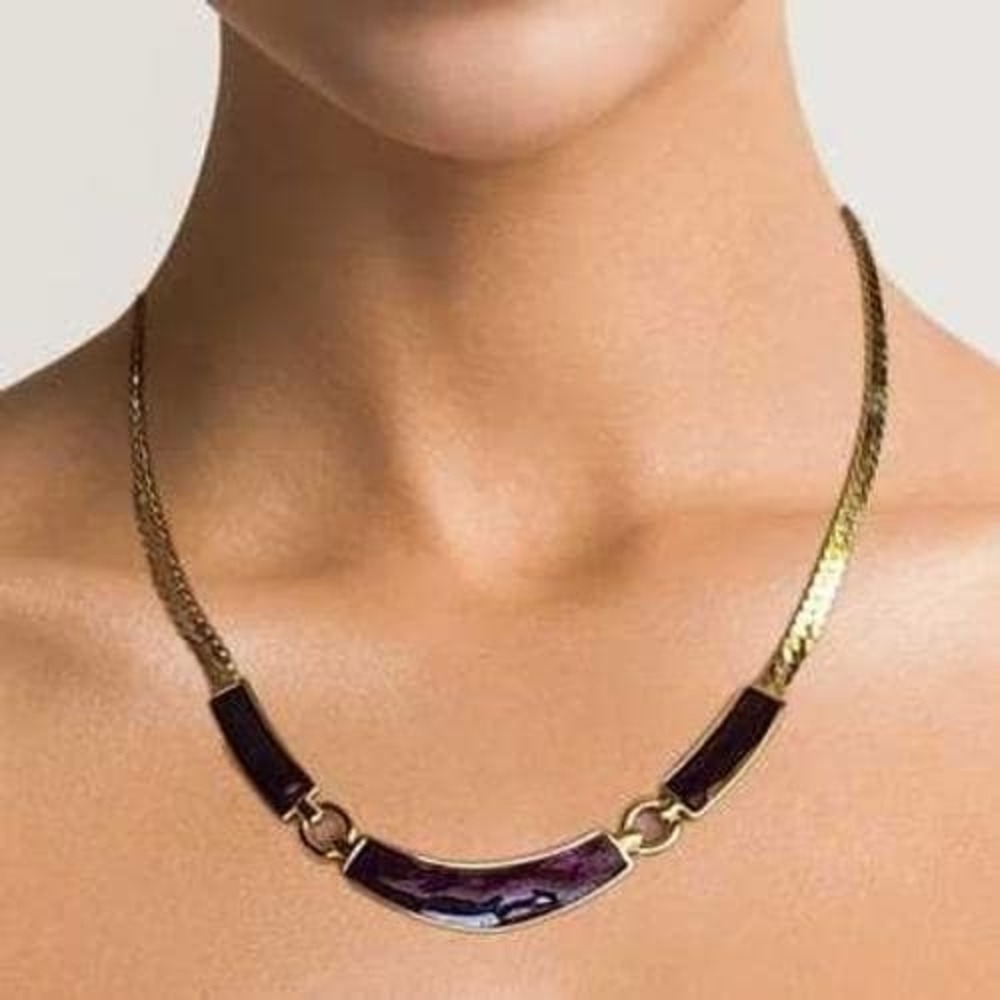 Vintage Trifari 1980s Purple Swirl Enamel Gold-Tone Choker Bib‎ Statement